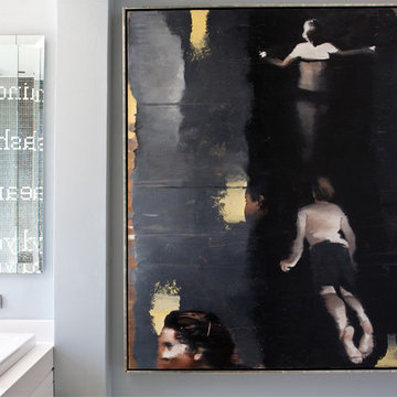 Blue Gray Kids Bathroom with Modern Art + Mosaic Tile