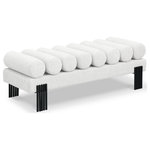 Meridian Furniture - Akeela Linen Textured Fabric Upholstered Bench, Cream - Revitalize your seating area with this stunning cream Akeela linen textured fabric bench featuring a rolled cushion top. Upholstered in rich cream linen textured fabric, this bench delivers both comfort and sophistication and features matte black metal legs to provide sturdy support while adding a modern touch to its art deco design. An ideal addition to an entryway, bedroom, or living room, the bench redefines your space with timeless charm.