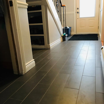 Plank tile Flooring and Penny tile Backsplash