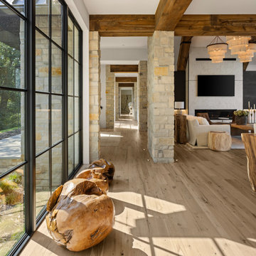 Weathered Antique Box Beams and White Oak Flooring in Rustic Modern Luxury Hall