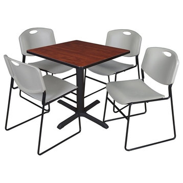 Cain 30" Square Breakroom Table, Cherry and 4 Zeng Stack Chairs, Gray