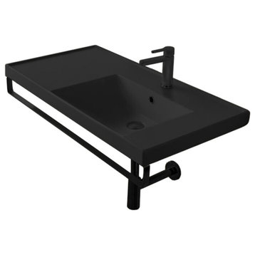 Wall Mounted Matte Black Ceramic Sink With Matte Black Towel Bar, One Hole