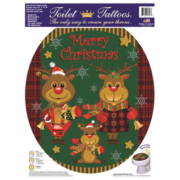 Reindeer Family Toilet Tattoos Seat Cover, Vinyl Lid Decal, Christmas Bathroom, Round