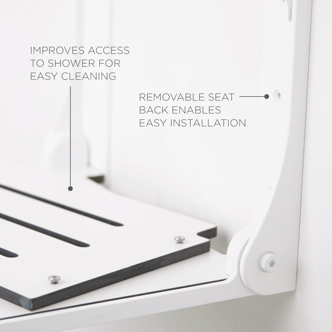 Silhouette Folding Wall Mount Shower Bench Seat, White Seat, Silver Frame