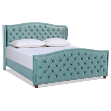 Marcella Upholstered Tufted Shelter Wingback Panel Bed, Artic Blue Velvet, King