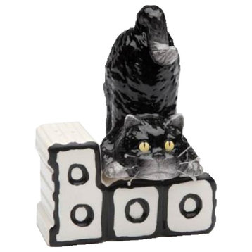 Happy Halloween Black Cat and Boo Letters Magnetic Salt and Pepper Shaker Set