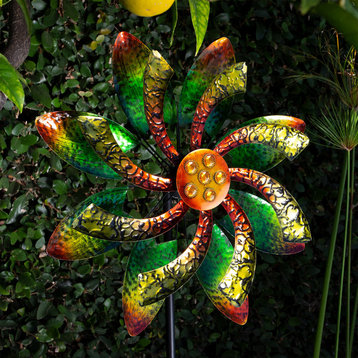 64" Tall Floral Windmill Stake with Jeweled Kinetic Spinner, Green and Orange