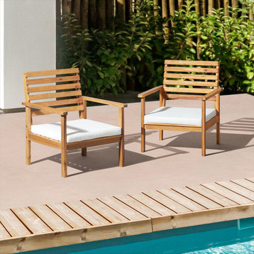 Orwell Outdoor Acacia Wood Chairs With Cushions, Set of 2
