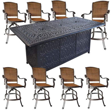 9-Piece Patio Bar-Height Dining Set With Fire Table Outdoor Wicker Furniture
