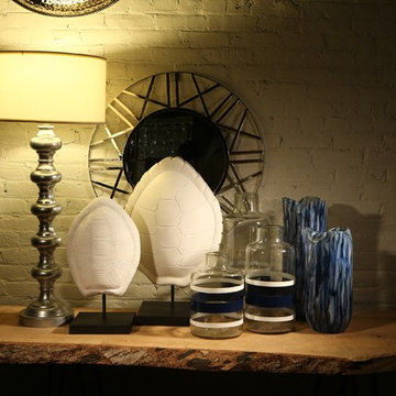 Wooden Hallway Table with Silver, Nickel Finish Tabletop Lamp, Geometric Mirror