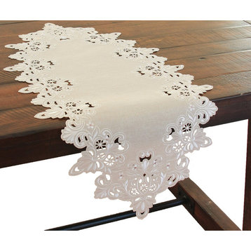 Victorian Lace Embroidered Cutwork Table Runner, 16"x34", Taupe