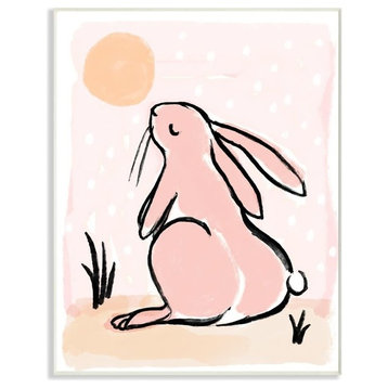 Pastel Pink Bunny in the Sun with Polka Dots Ink Painting, Wall Plaque, 10"x15"