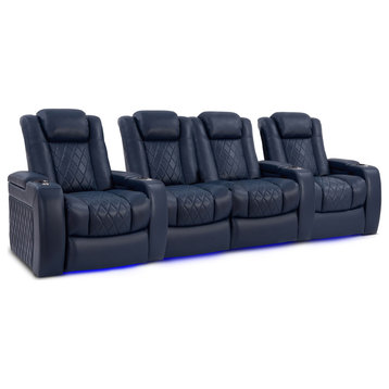 Tuscany Leather Home Theater Seating, Navy Blue, Row of 4 Loveseat Center