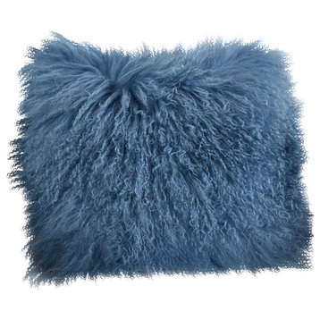 Mongolian Lamb Fur Poly Filled Throw Pillow, Blue Gray, 16"x16"