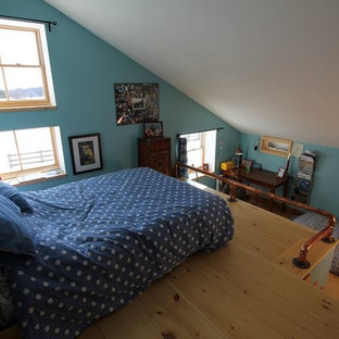 Inspiration for a small eclectic guest light wood floor bedroom remodel in Burlington with blue walls and no fireplace
