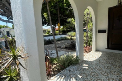 Foto di un giardino xeriscape mediterraneo esposto a mezz'ombra di medie dimensioni e davanti casa in primavera con un ingresso o sentiero e ghiaia