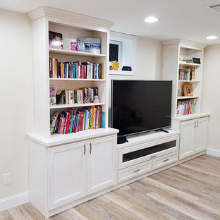 Inspiration for a medium sized classic walk-out basement in DC Metro with white walls, vinyl flooring, no fireplace and multi-coloured floors.