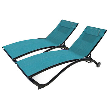 Set of 2 Patio Chaise Lounge, Curved Aluminum Frame With Blue Hawaii Sling Seat