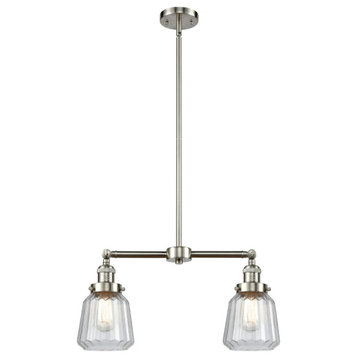 Small Bell 2-Light LED Chandelier, Brushed Satin Nickel, Glass: Clear