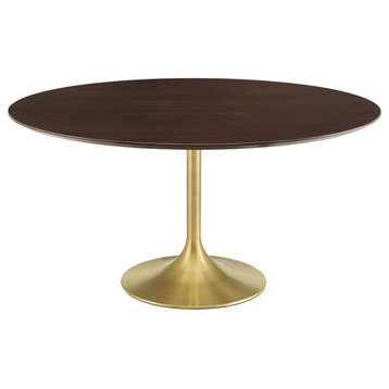 Dining Table, Round, Wood, Gold Dark Brown Brown Walnut, Cafe Bistro Restaurant