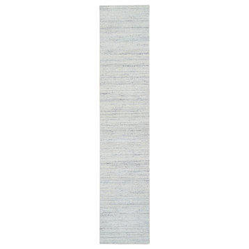 Ivory Plain Modern Striped Design Organic Wool Hand Loomed Runner Rug, 2'6"x12'