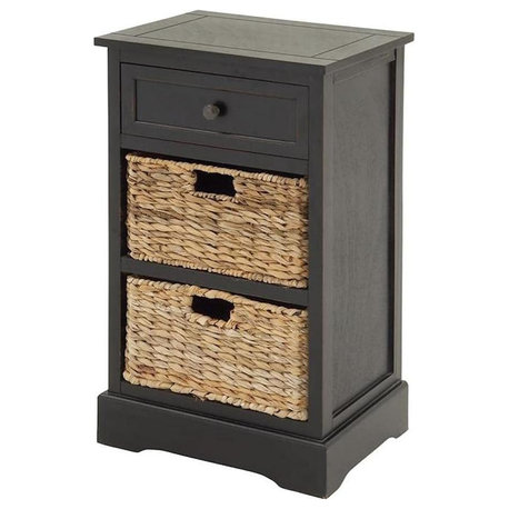 Traditional Nightstand, Hardwood Frame With Drawer & 2 Rattan Baskets, Espresso