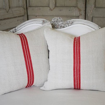 Vintage Red Stripe European Grainsack Pillows Pair