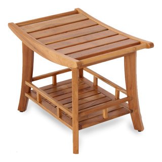 Dussi Teak Wood Corner Shower Bench Stool with Toiletries Holder