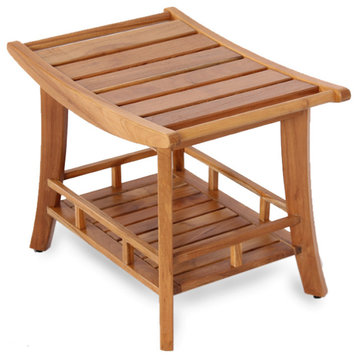 Dussi Teak Wood Shower Bench Stool with Shelf