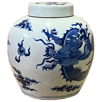 Hand-Painted Fengshui Dragon Blue White Porcelain Ginger Jar Hws2538