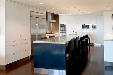 Open concept kitchen - large contemporary dark wood floor open concept kitchen idea in Dallas with flat-panel cabinets, white cabinets, stainless steel appliances and an island