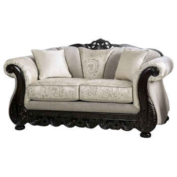 Chenille Love Seat with Wood Trim Design, Ivory