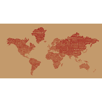 1-World Text Map Wall Mural, Red Wine, 8 panel, 166x89"