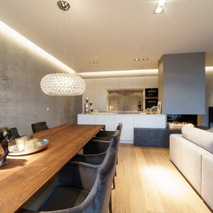 ライプツィヒの広いコンテンポラリースタイルのLDKの画像 (グレーの壁、無垢フローリング、漆喰の暖炉まわり、茶色い床、薪ストーブ)