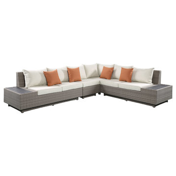 ACME Salena Patio Sectional and Cocktail Table, Beige Fabric and Gray Wicker