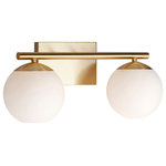 Forte Lighting, Inc. - 2-Light Bath Vanity Light, Soft Gold - This Farrell vanity light compliments nicely with both contemporary and transitional decor homes. The smooth tubing and glass holders along with the rectangular backplate complete the simplistic look for your bath. These gold finish steel fixtures are accented with satin opal glass globes completing the look. This 2-light vanity fixture measures 18 in. x 7 in. D x 8 in. H.. Medium Base Bulb, 60W max per bulb. This fixture is hardwired.  Bulbs are not included with the fixture.