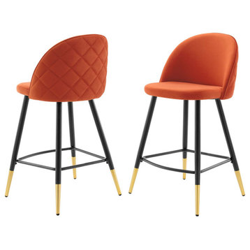Counter Stool Chair, Set of 2, Velvet, Metal, Orange, Modern, Bar Pub Bistro