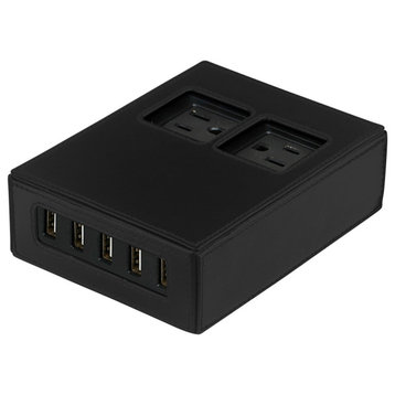 Power Hub 5 USB + 2 AC Charging Station, Black Leatherette, 4 Short Cords (Lightning)