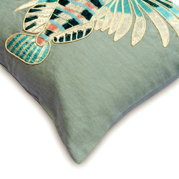Decorative 24"x24" Fish Embroidered Dull Blue Linen Pillow Cover, Dream Fish