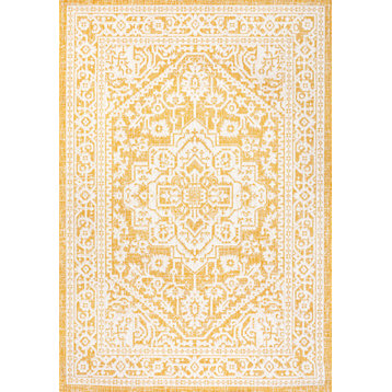 Sinjuri Medallion Textured Weave Indoor/Outdoor, Yellow/Cream, 8x10