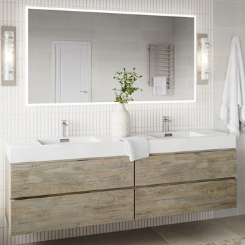 Boutique Bath Vanity, Natural Wood, 72", Double Sink, Wall Mount