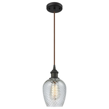 1-Light Salina 5" Mini Pendant, Oil Rubbed Bronze, Glass: Clear Spiral Fluted