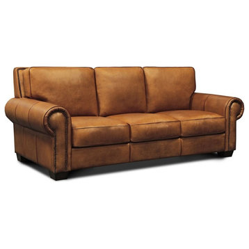 Pemberly Row Top Grain Hand Antiqued Leather Sofa in Tan Brown