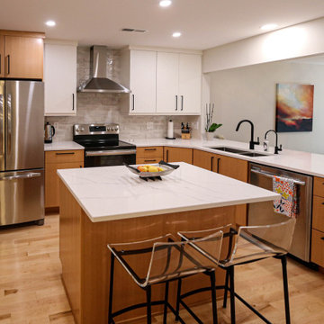 Two Tone Contemporary Euro Beech Wood and White Cabinetry Kitchen