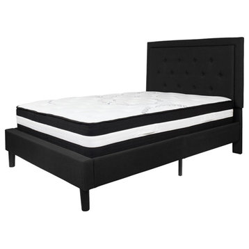 Contemporary Full Size Platform Bed, Button Tufting and Mattress, Black
