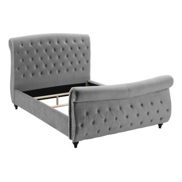 Jennifer Gray Velvet Tufted With Crystal Studs Platform Bed, King
