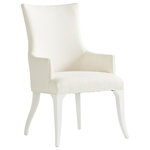 Lexington - Geneva Upholstered Arm Chair - The Geneva arm chair offers a stylish, fashionable designer look to dining room seating. Bespoke tailoring includes hourglass pleating on the outside back, bridged with a decorative buckle in polished nickel. Deep concave chair backs afford guests exceptional comfort while complementing the graceful shape of the dining table. As shown, the standard fabric is 221811 Sebring, a tightly woven chenille construction, performance fabric, in an artic white coloration. You may choose to personalize with custom fabric as item 415-883.