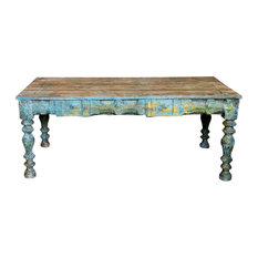 Consigned Rustic Table, Blue Takht Hand Painted Coffee Table