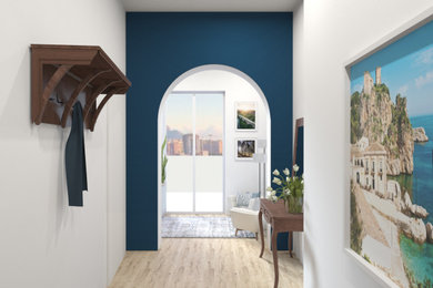 Ispirazione per un piccolo ingresso moderno con pareti blu, pavimento in gres porcellanato, una porta singola e una porta bianca