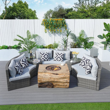6-Piece Patio Halfmoon Shape Sectional Sofa Set With Fire Pit Table, Rectangle Firepit Table